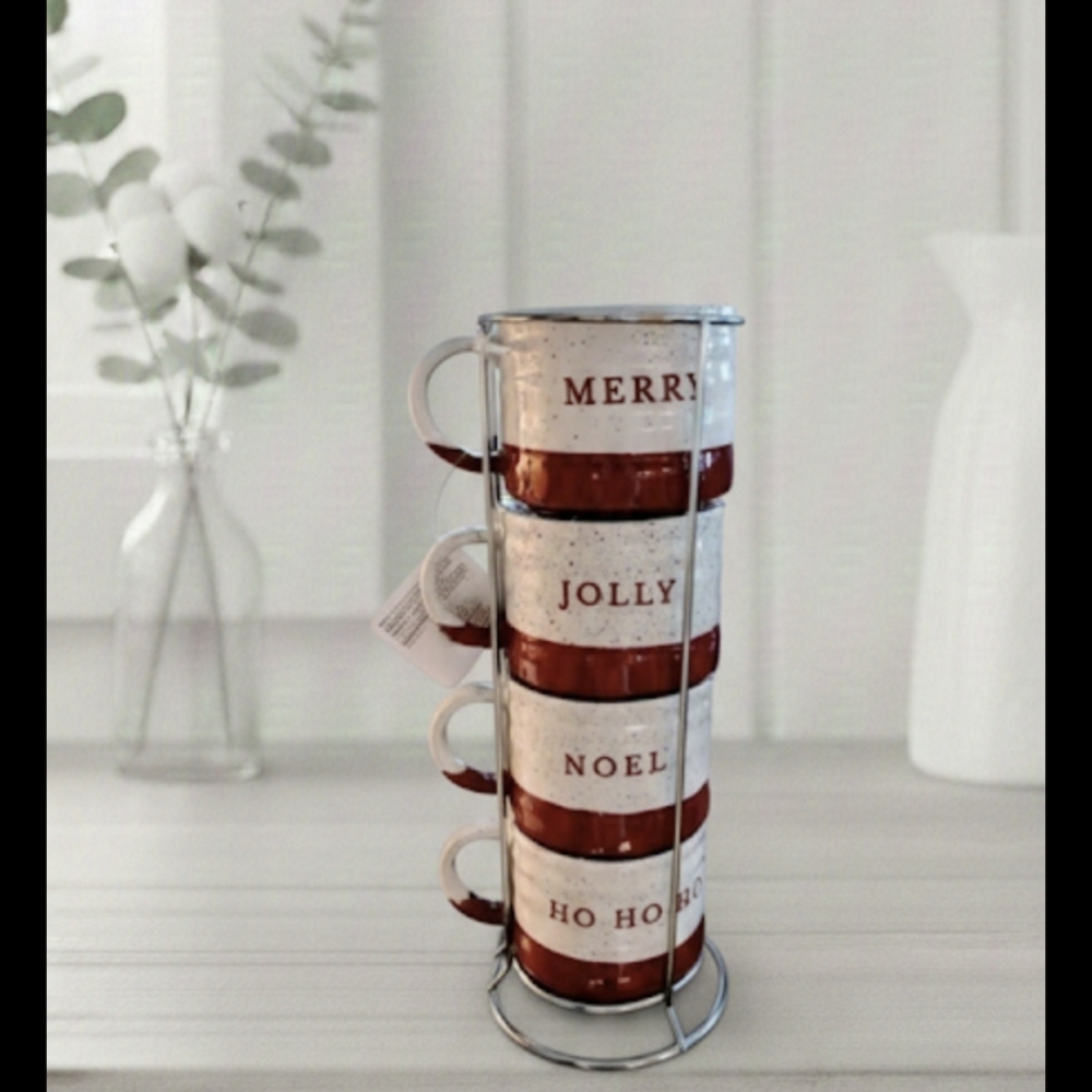 NEW Holiday Time Christmas Stacking Mug Set with Metal Stand